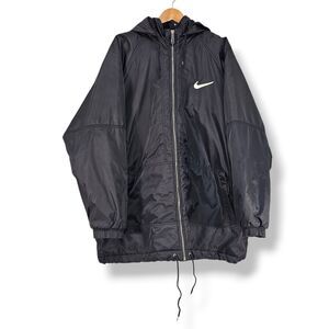 Vintage 90s Nike Black Puffer Parka Jacket Quilted Liner Removable Hood Men's XL